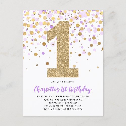Cute Purple Gold Glitter Confetti 1st Birthday Postcard