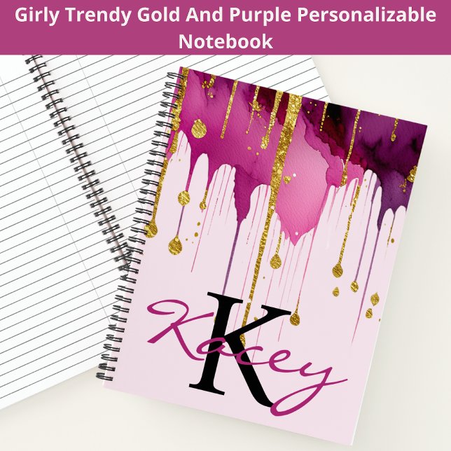 Cute Purple Gold Glitter Girly Monogram Name Notebook (Creator Uploaded)