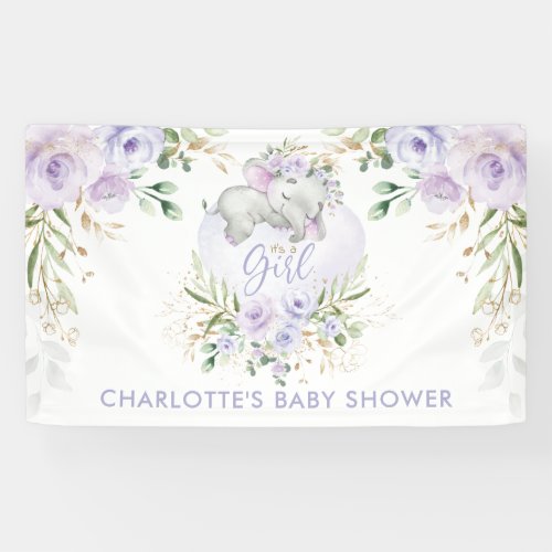 Cute Purple Gold Lilac Floral Elephant Baby Shower Banner