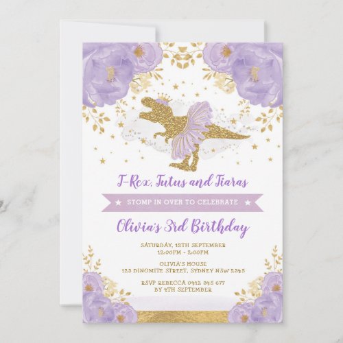 Cute Purple Gold Princess Dinosaur Girl Birthday Invitation