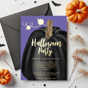 Cute Purple Gold Pumpkin Halloween Party Foil Invitation