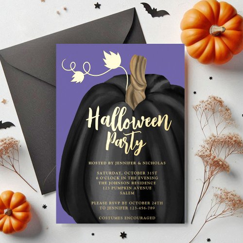 Cute Purple Gold Pumpkin Halloween Party  Foil Invitation