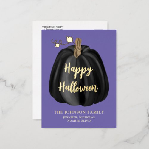 Cute Purple Gold Pumpkin Happy Halloween Foil  Foil Holiday Postcard