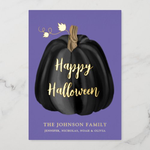 Cute Purple Gold Pumpkin Happy Halloween  Foil Holiday Card