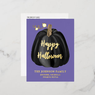Cute Purple Gold Pumpkin Happy Halloween Foil Holiday Postcard