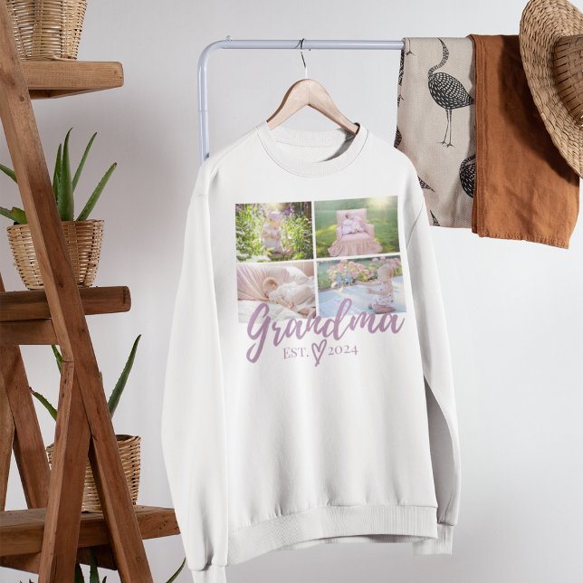 Cute Purple Grandma Photo Collage Sweatshirt (White sweatshirt with a photo collage and "Grandma EST. 2024" in purple font, displayed on a hanger )