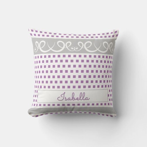 Cute Purple  Gray Polka Dots  Swirls Girly Name Throw Pillow