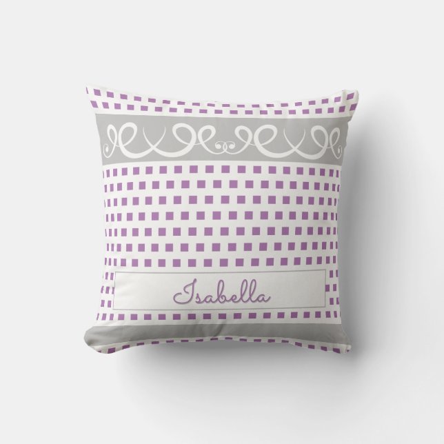 Cute Purple & Gray Polka Dots & Swirls Girly Name Throw Pillow (Front)