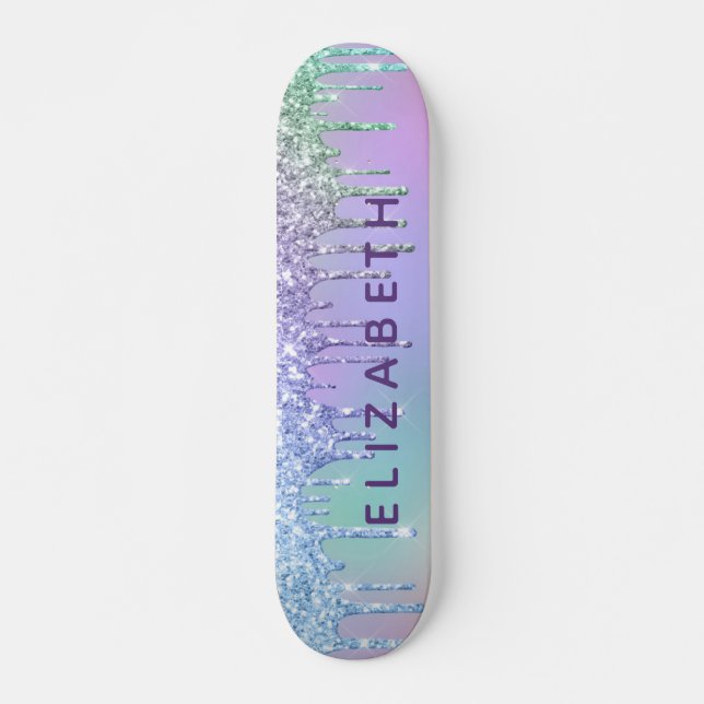 Cute Purple Green Blue Glitter Personalized Skateboard (Front)