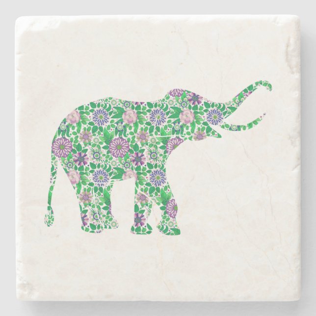 Cute Purple & Green Elephant Illustration Stone Coaster (Front)