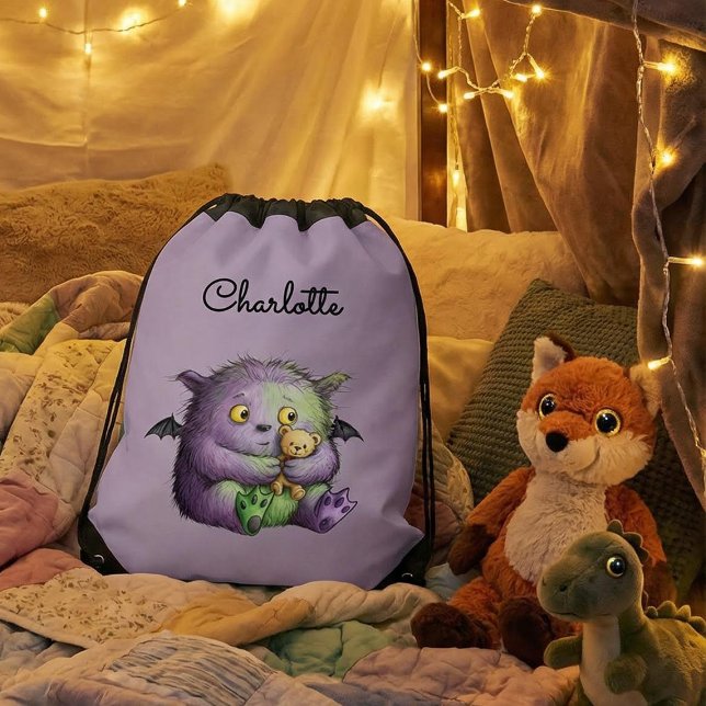 Cute Purple Green Fluffy Monster Buddy Drawstring Bag (Creator Uploaded)