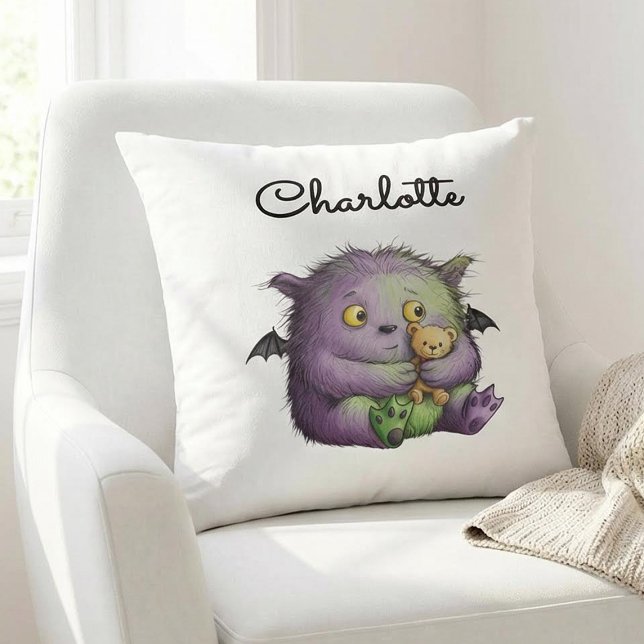 Cute Purple Green Fluffy Monster Buddy Throw Pillow (Creator Uploaded)