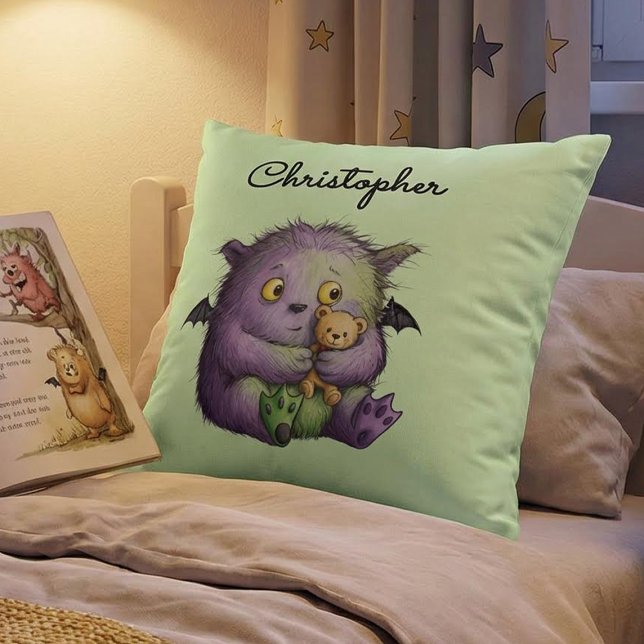Cute Purple Green Fluffy Monster Buddy Throw Pillow (Creator Uploaded)