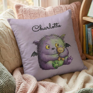 Cute Purple Green Fluffy Monster Buddy Throw Pillow