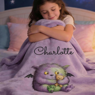Cute Purple Green Fluffy Monster Kids Fleece Blanket