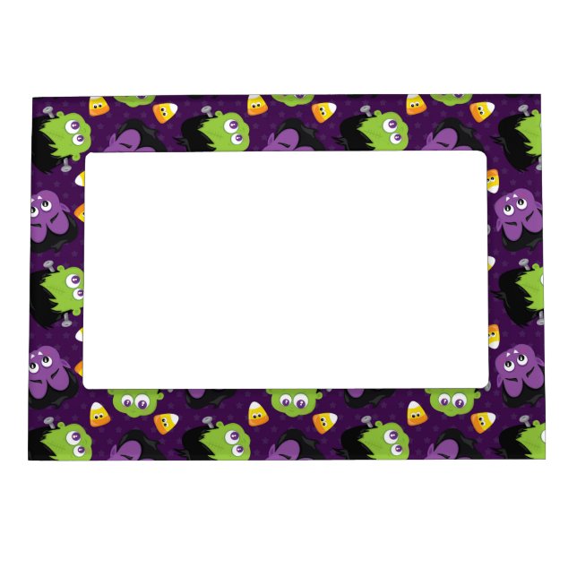 CUTE PURPLE & GREEN HALLOWEEN MONSTER FACES MAGNETIC FRAME (Front)