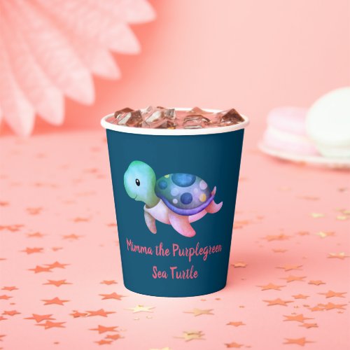 Cute Purple  Green Mimma The Sea Turtle Paper Cups