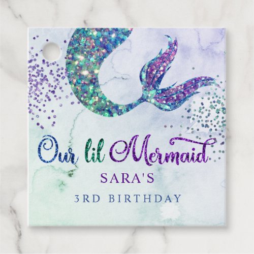 Cute Purple Green Modern Glitter Mermaid Birthday Favor Tags