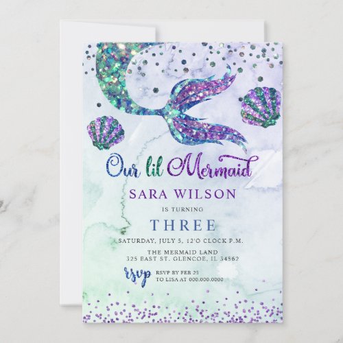 Cute Purple Green Modern Glitter Mermaid Birthday Invitation