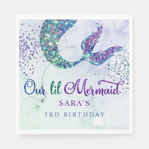 Cute Purple Green Modern Glitter Mermaid Birthday Napkins