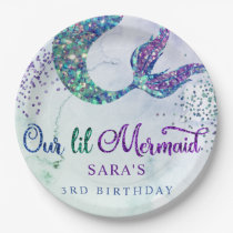 Cute Purple Green Modern Glitter Mermaid Birthday Paper Plates