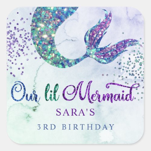 Cute Purple Green Modern Glitter Mermaid Birthday Square Sticker