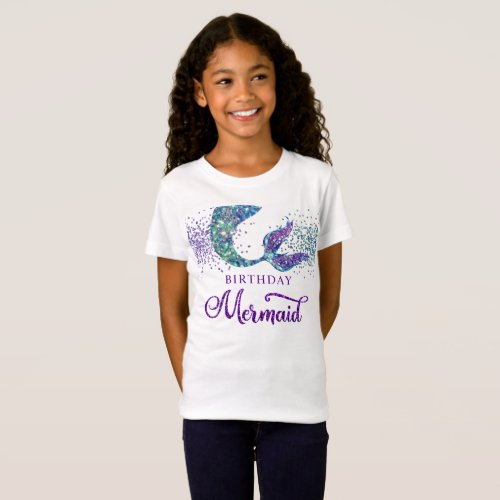 Cute Purple Green Modern Glitter Mermaid Birthday T_Shirt