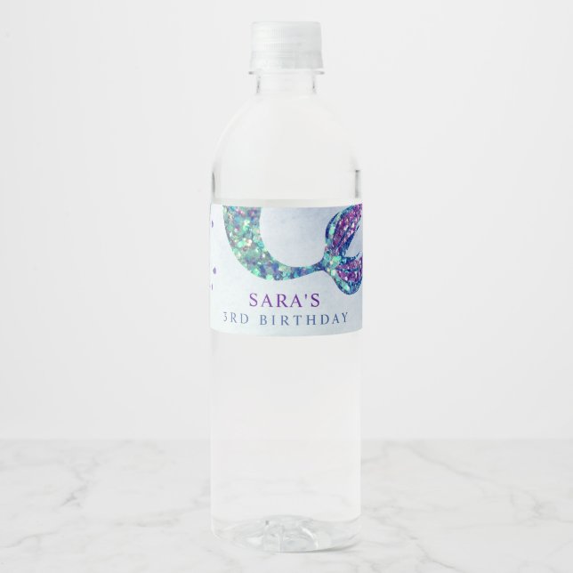 Cute Purple Green Modern Glitter Mermaid Birthday Water Bottle Label (Front)