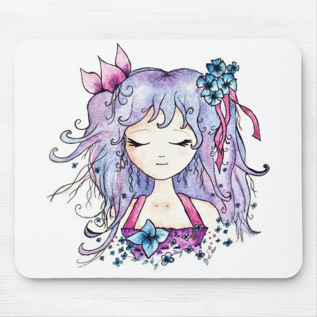 Cute purple hair flower manga girl mouse pad (Front)