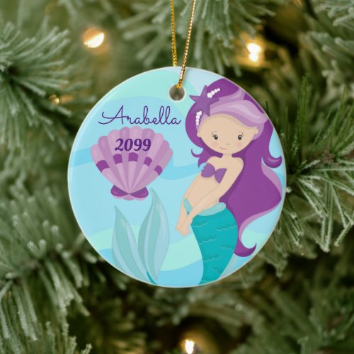 Cute Purple Hair Mermaid Girls Christmas Ceramic Ornament