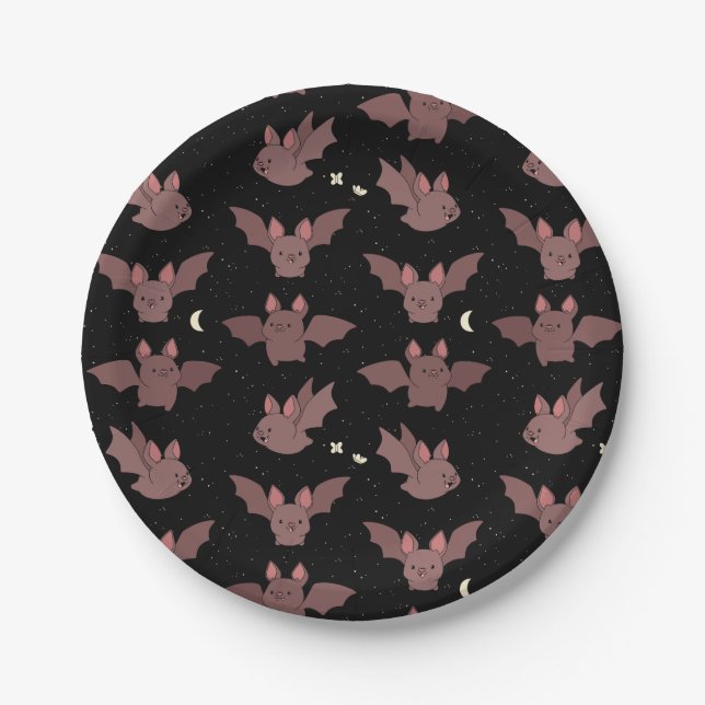 Cute Purple Halloween Bats in the Night Sky Paper Plates (Front)