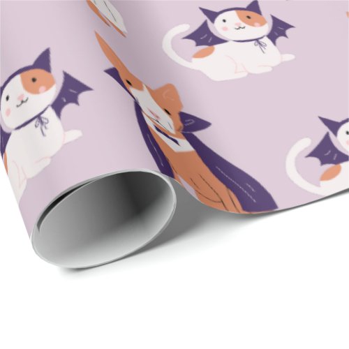 Cute Purple Halloween Cat Dog in Costume Pattern Wrapping Paper