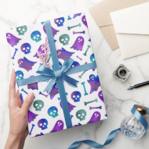 Cute Purple Halloween Ghost Scary Blue Skull Bone Wrapping Paper