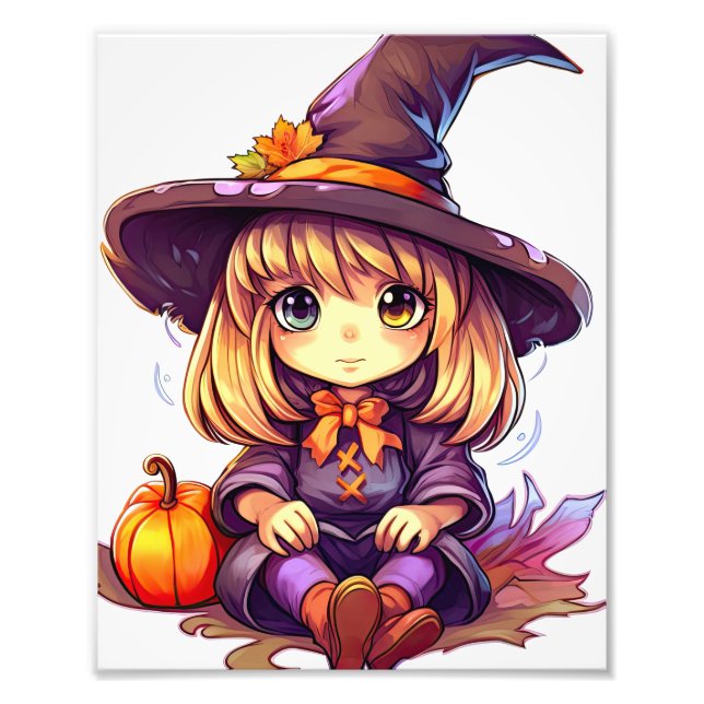 Cute Purple Halloween Witch with Pumpkin  Photo Print (Front)