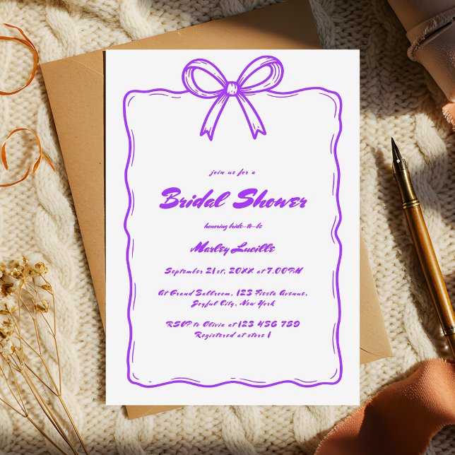 Cute Purple Hand Drawn Ribbon Bow Bridal Shower Invitation (Creator Uploaded)