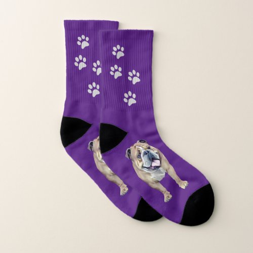 Cute Purple Happy Painted Bulldog Socks