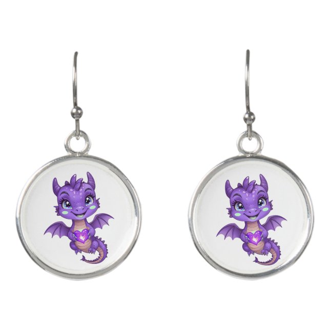 Cute Purple Heart Dragon Earrings (Front)