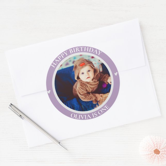 Cute Purple Hearts Photo Kids First Happy Birthday Classic Round Sticker (Envelope)