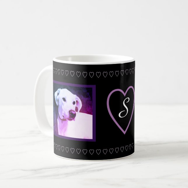 Cute Purple Hearts White Dog Lovers Valentines Day Coffee Mug (Front Left)