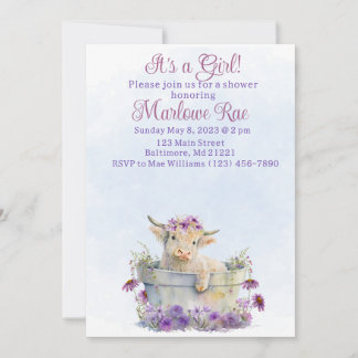 Cute Purple Highland cow baby shower invitation