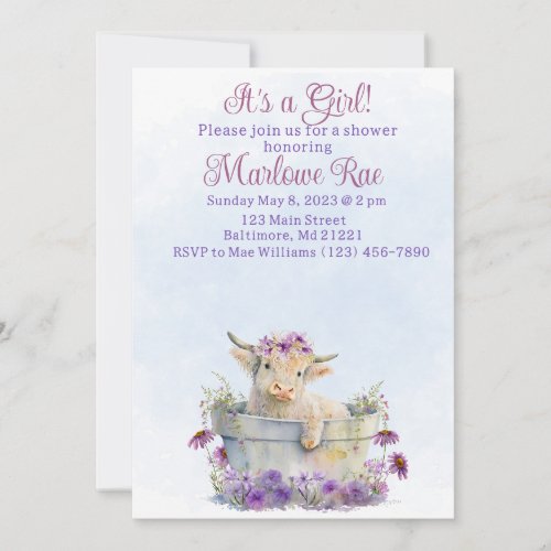 Cute Purple Highland cow baby shower invitation 