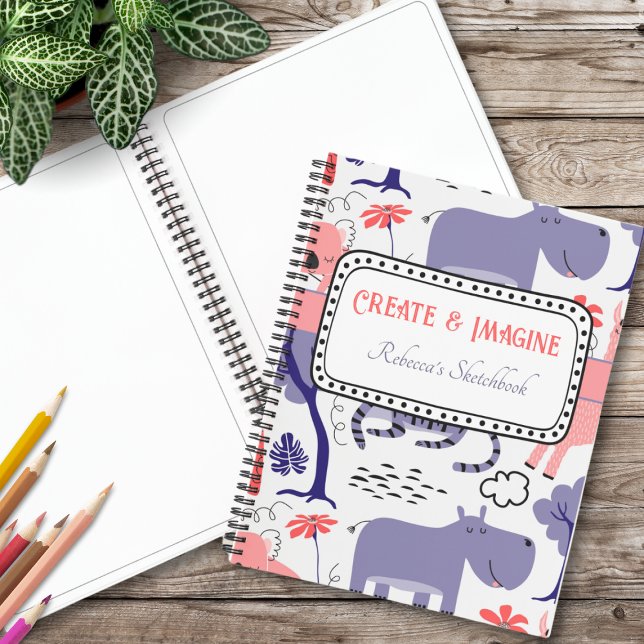 Cute Purple Hippo Create & Imagine Doodle Pattern  Notebook (This purple hippo doodle pattern adds a touch of creative cuteness to this personalized sketchbook.)