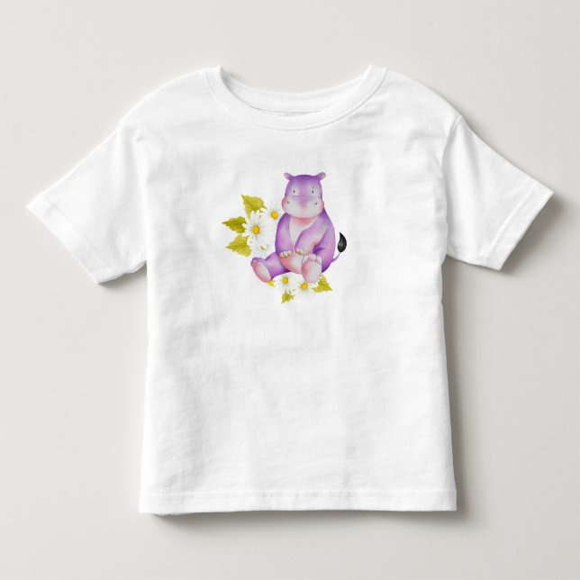 CUTE PURPLE HIPPO WITH WHITE DAISIES TODDLER T-SHIRT (Front)
