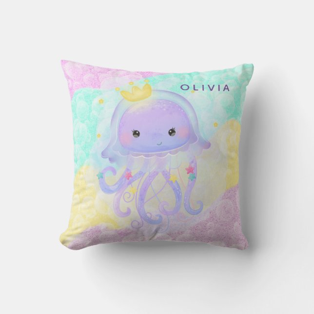 Cute Purple Jellyfish Girl Baby Nursery Custom Throw Pillow (Front)
