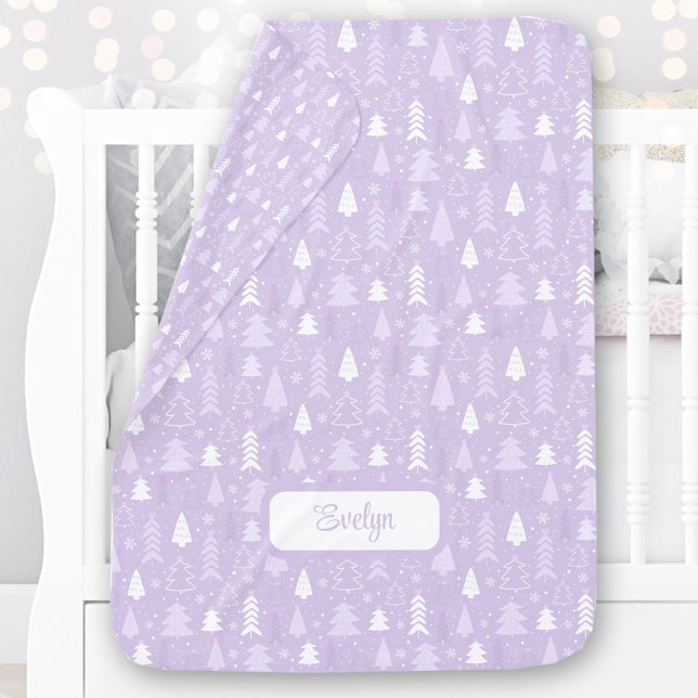 Cute Purple Lavender Christmas Tree Pattern Name Baby Blanket (Cute Purple Lilac Christmas trees Personalized Baby Blanket)