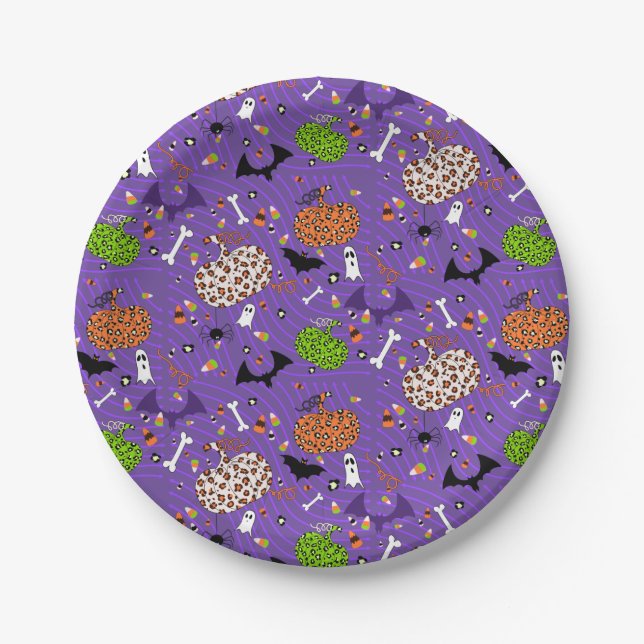 Cute Purple Leopard Pumpkin Pattern Paper Plates (Front)