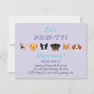 Cute Purple Let's Pawty Girl Puppy Birthday Party Invitation