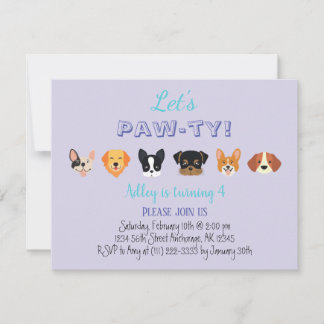 Cute Purple Let's Pawty Girl Puppy Birthday Party Invitation