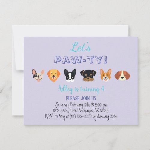 Cute Purple Lets Pawty Girl Puppy Birthday Party Invitation
