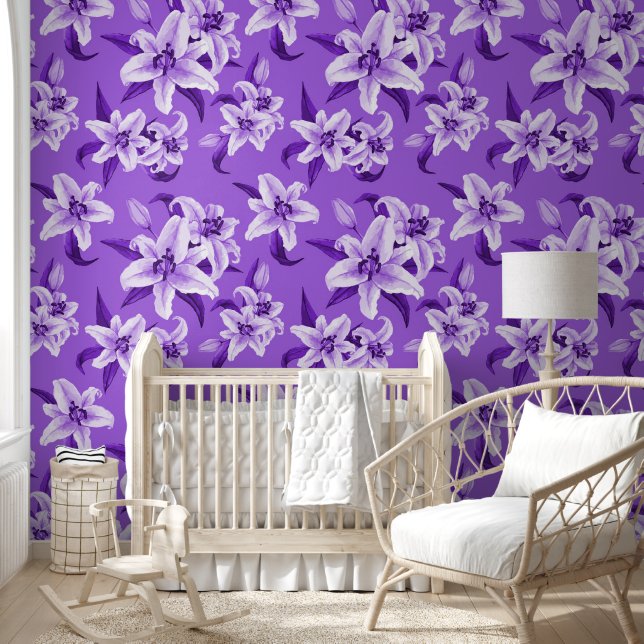Cute Purple Lily Flower Pattern Wallpaper (Kids)